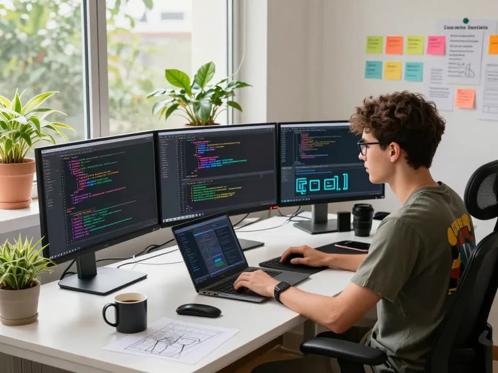 Young developer coding on multiple monitors in a modern office showcasing crush ai tools and vibrant workspace.