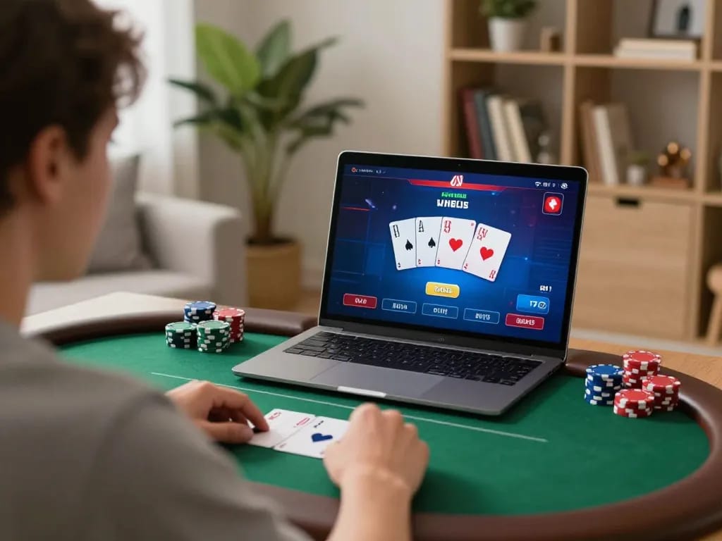 MPOID login interface displayed on a laptop during an engaging online poker session