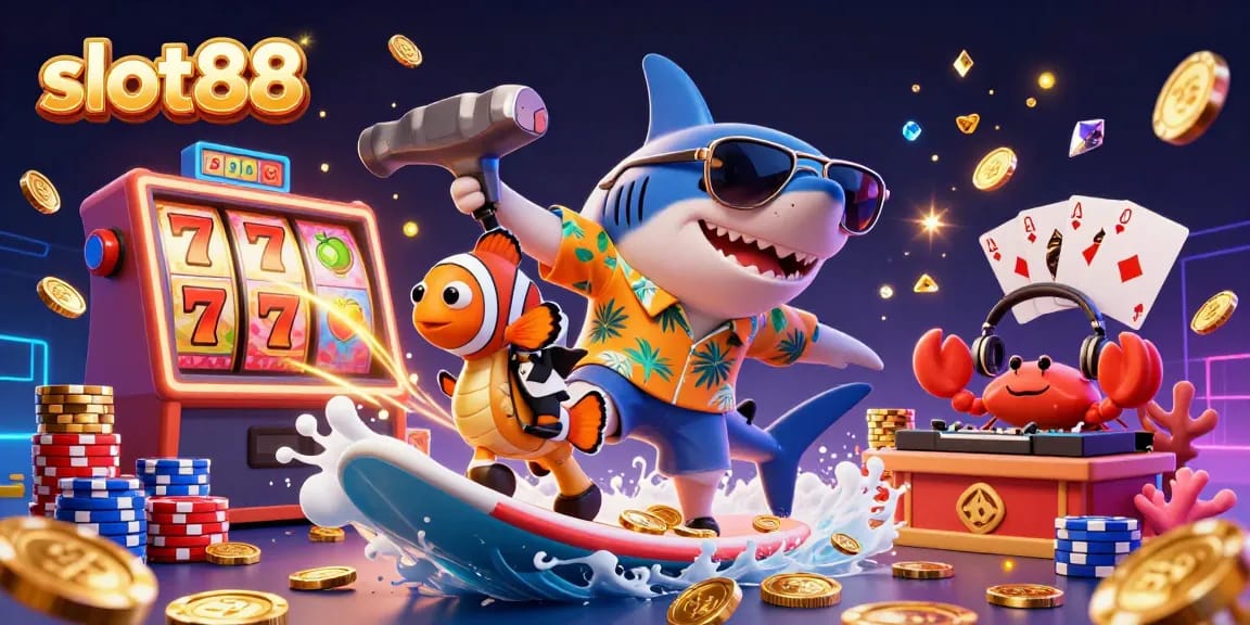 Spin the reels on slot88 as colorful characters celebrate with gold coins and poker chips.