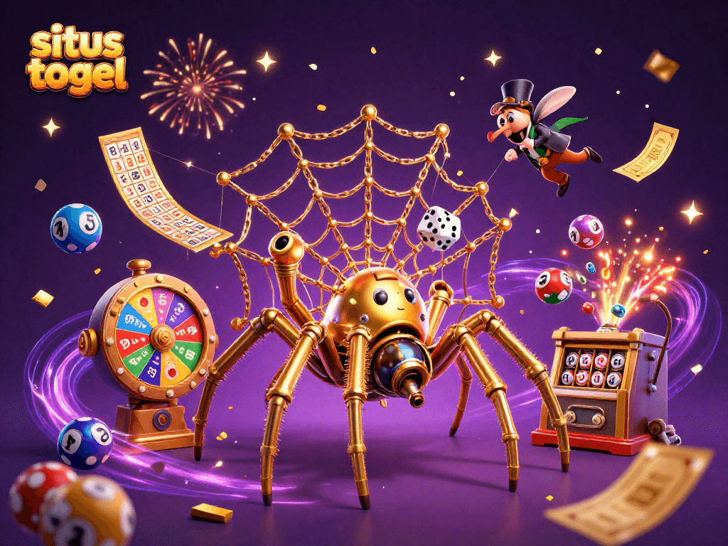 Gambar situs togel yang menampilkan laba-laba steampunk menciptakan jaring emas di dunia lotere yang meriah.