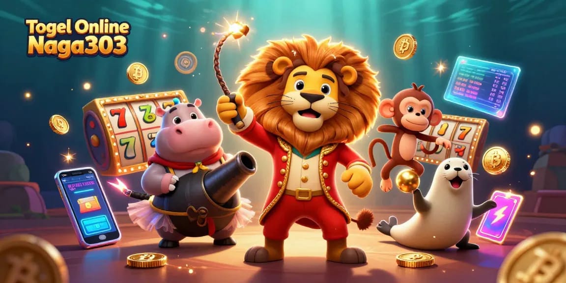 Togel Online Naga303 showcases a vibrant 3D circus theme with slot reels and captivating casino characters.