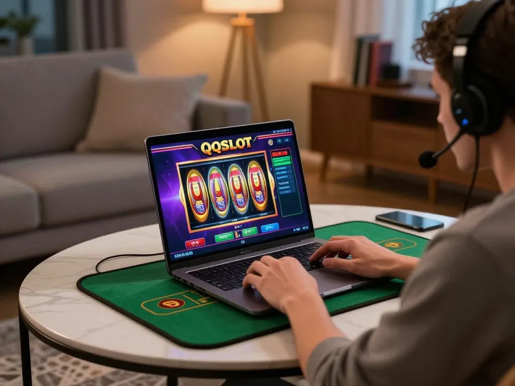 Engaged player using laptop for QQSLOT online slots gameplay at cozy home setup