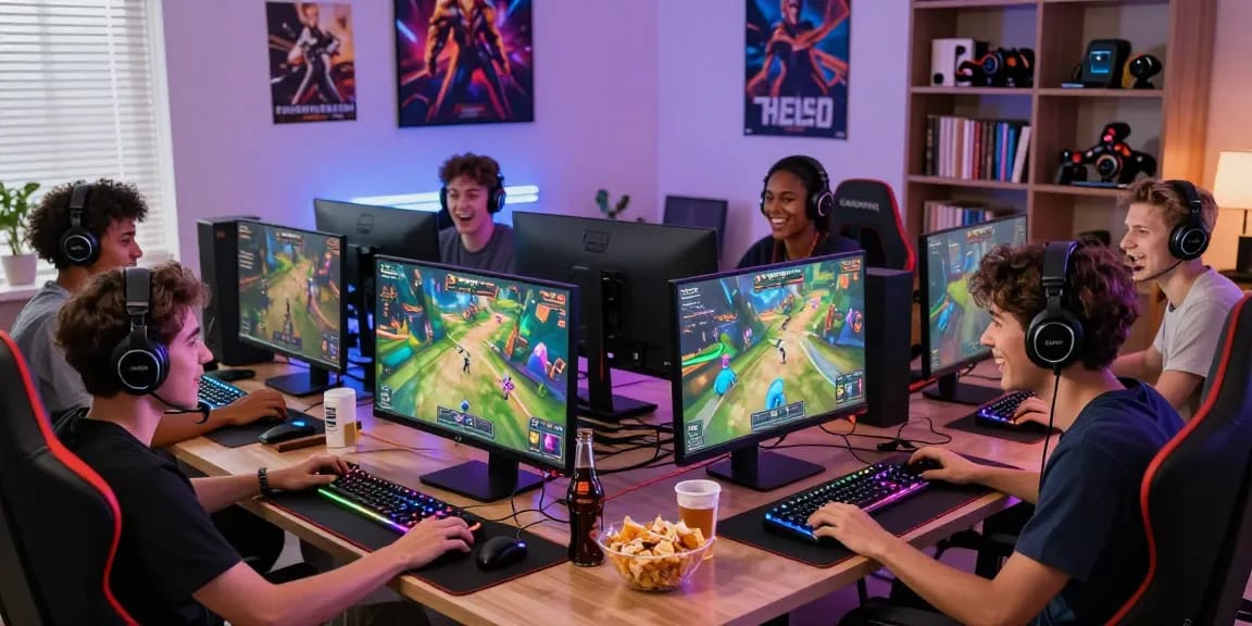 Friends playing tempototo in a lively gaming session, showcasing monitors, snacks, and vibrant atmosphere.