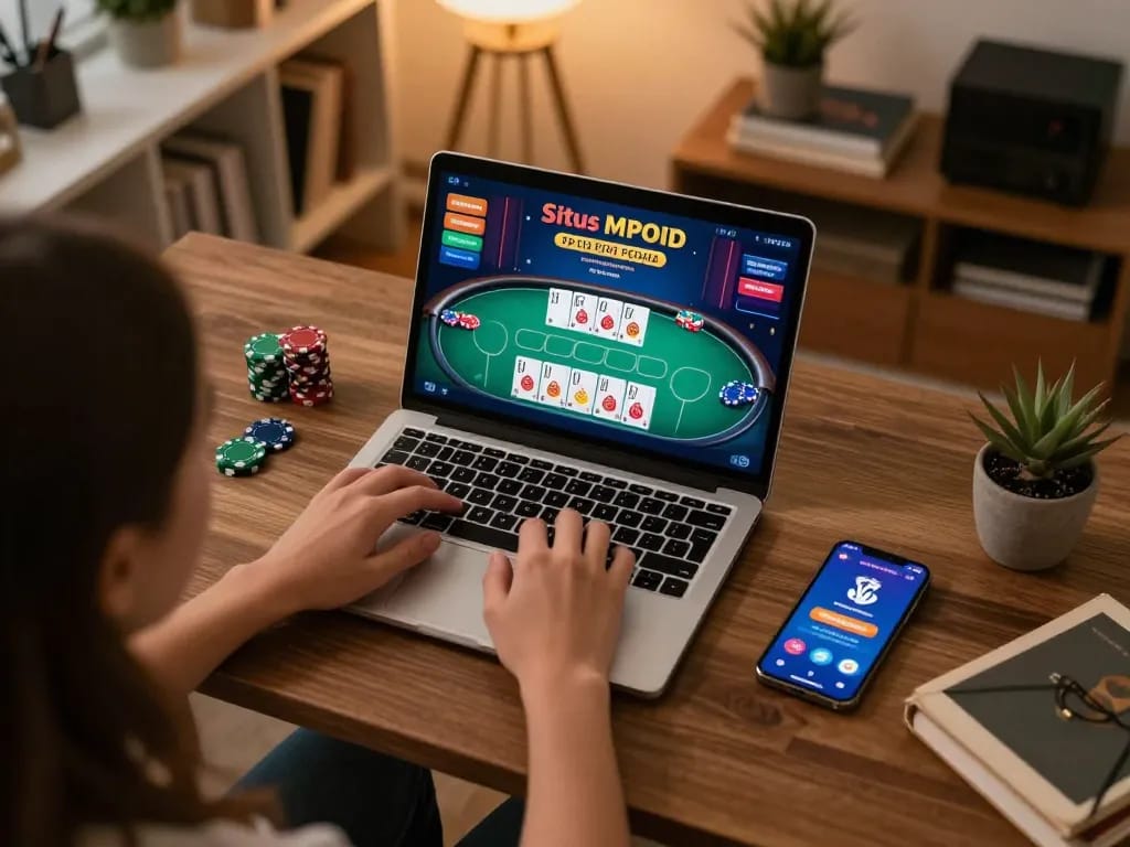 Engaging online poker gameplay on Situs MPOID laptop amid a stylish home setup.