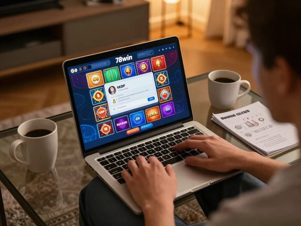 Accessing 78win đăng nhập on a laptop, with vivid game interface and cozy home setting.