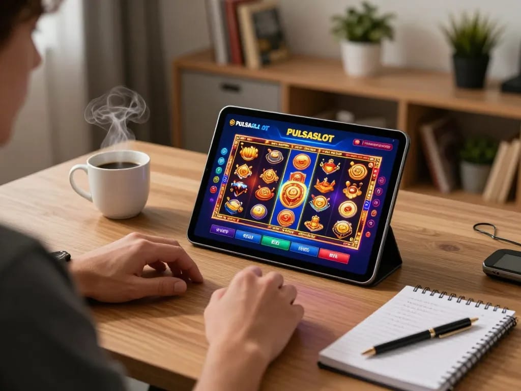 PULSASLOT user engaging in online slots gaming with tablet and coffee in a comfortable home setup.