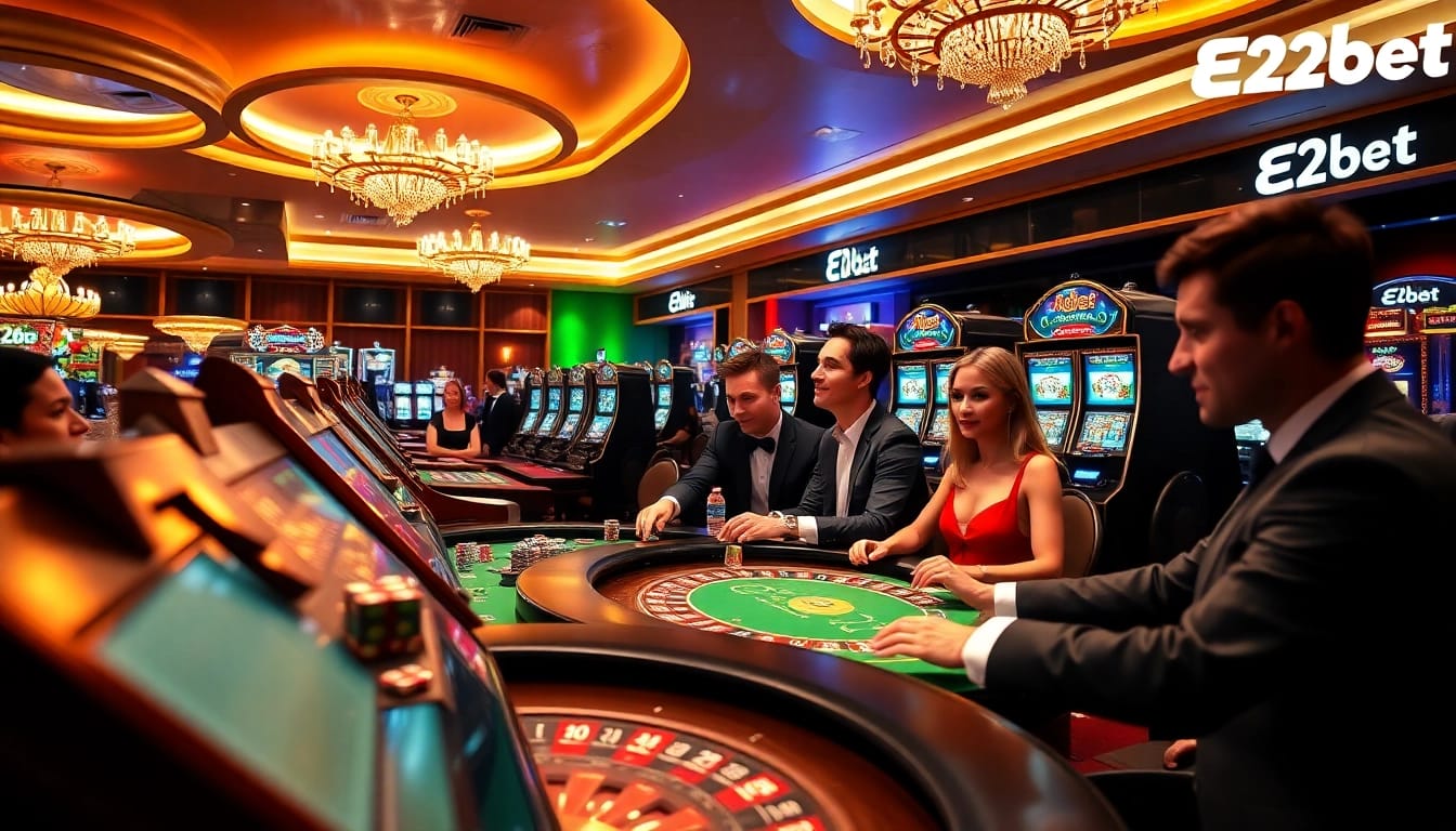 E2bet players engaged in a thrilling casino experience with vibrant gaming tables and slot machines.