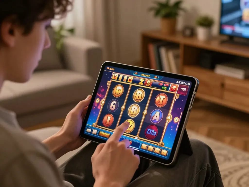 Engaging in LGOLUX LOGIN for thrilling slot action on mobile device in cozy setting