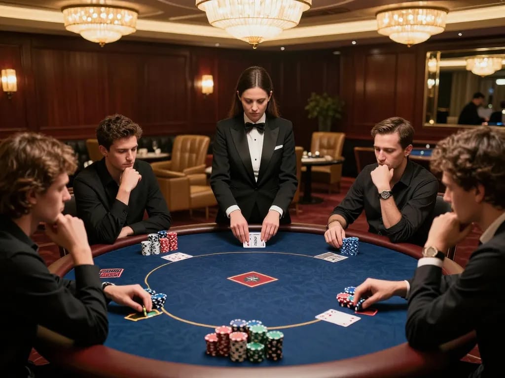 Pemain HOKI368 terlibat dalam permainan poker strategis di meja kasino mewah, menunjukkan fokus yang intens dan semangat kompetitif.