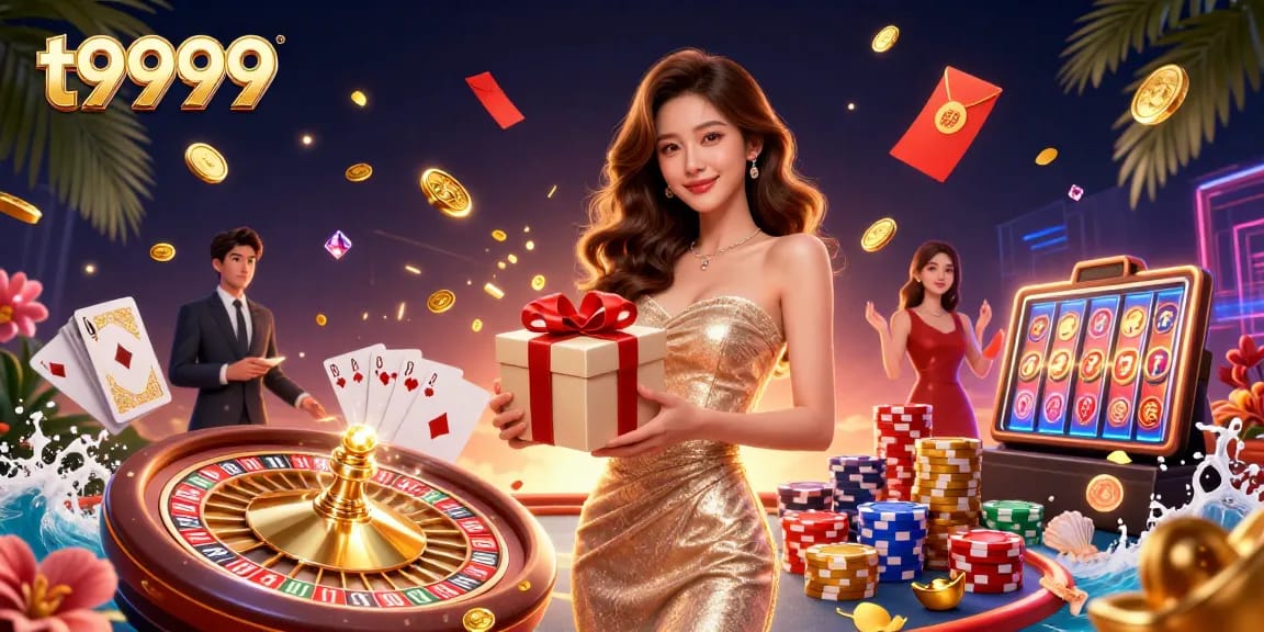 Celebrate wins at t9999 with vibrant casino gameplay of golden coins, festive promotions, and lively characters.
