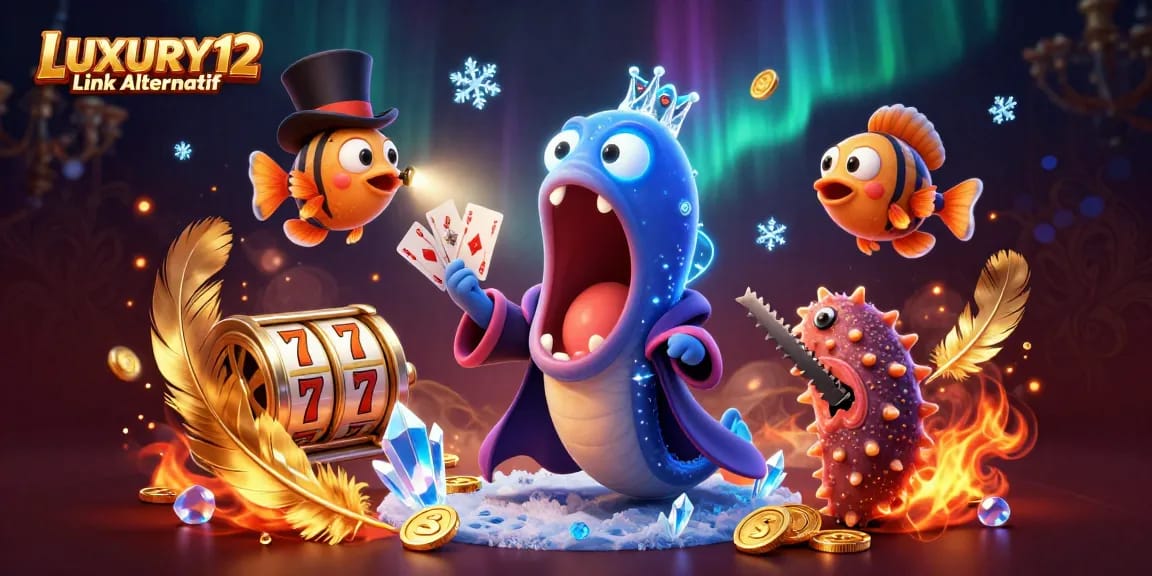 LUXURY12 Link Alternatif showcases a magical scene with a bioluminescent eel and anglerfish in a casino environment.