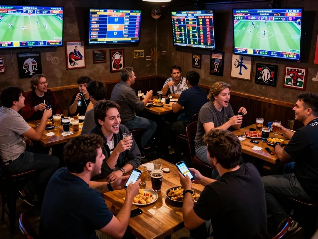 mb66an sports betting scene with excited patrons placing bets and watching games on multiple screens.