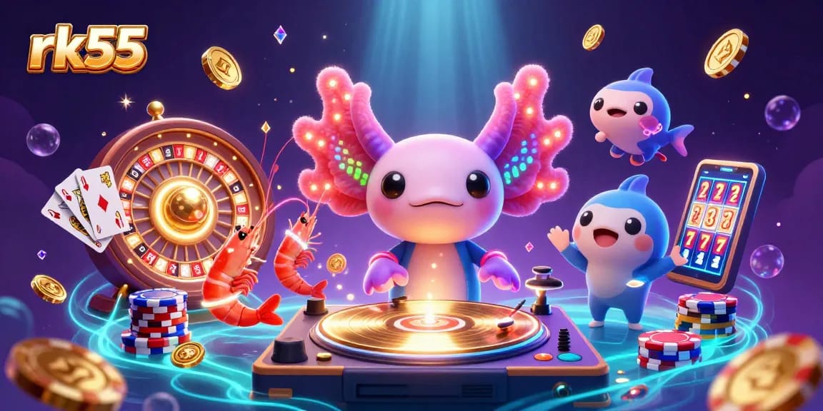 Experience the rk55 excitement with vibrant axolotl DJ and sparkling gems in this dynamic casino scene.