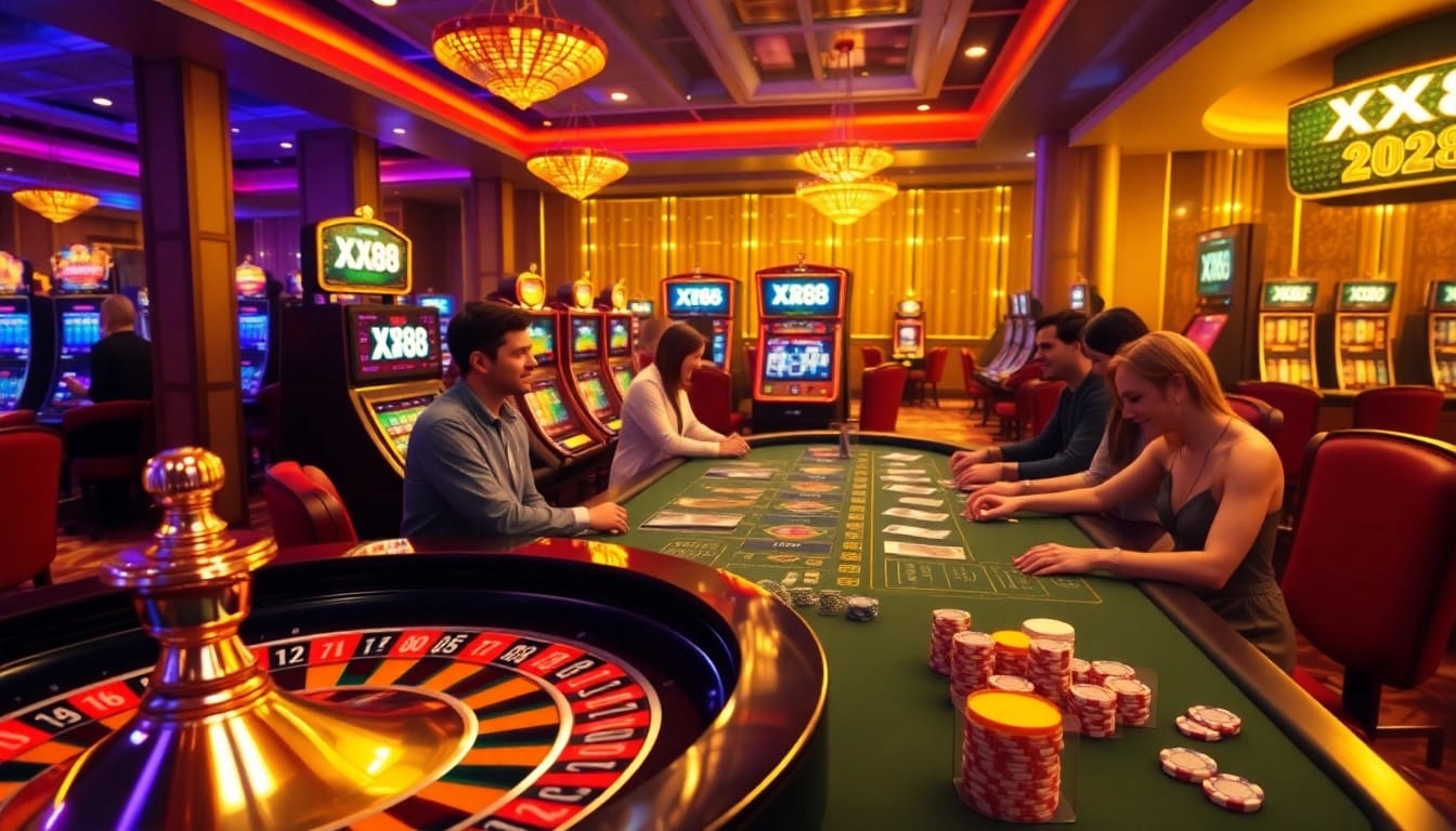 Excited players engaging with casino games at XX88, featuring roulette, poker, and slot machines.