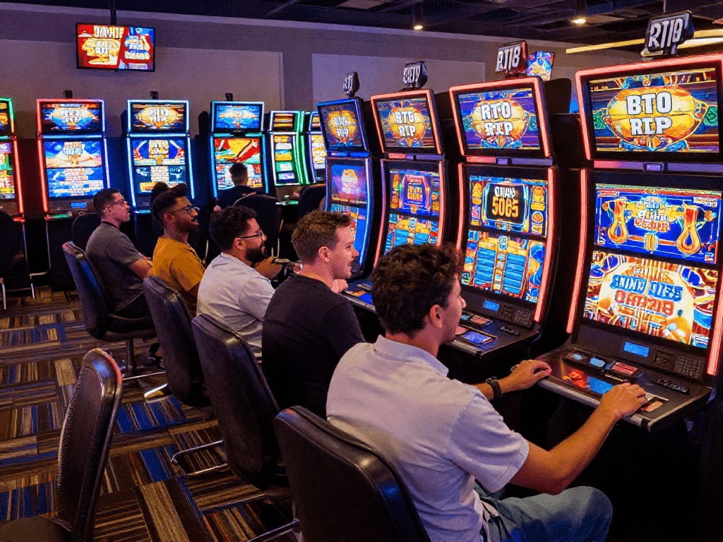 Players enjoying situs slot gacor in a lively online casino atmosphere, showcasing modern slot machines and vibrant graphics.