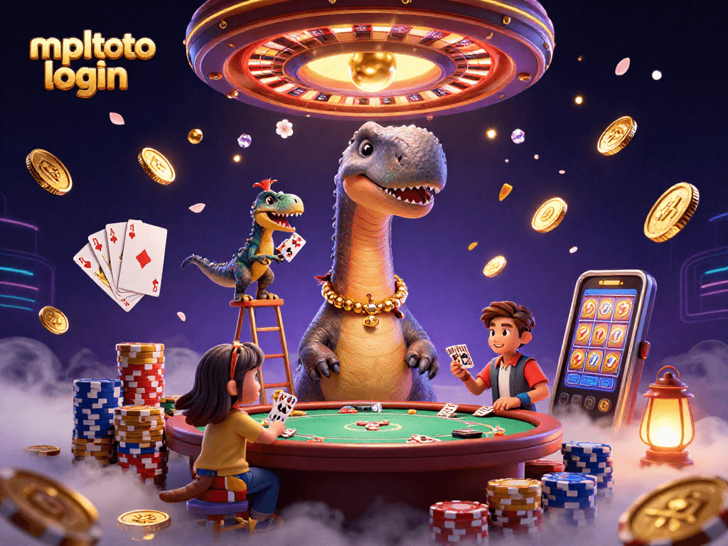 Mengakses mpltoto login dengan kartu royal flush, tumpukan chip poker, dan efek cahaya berkilau.