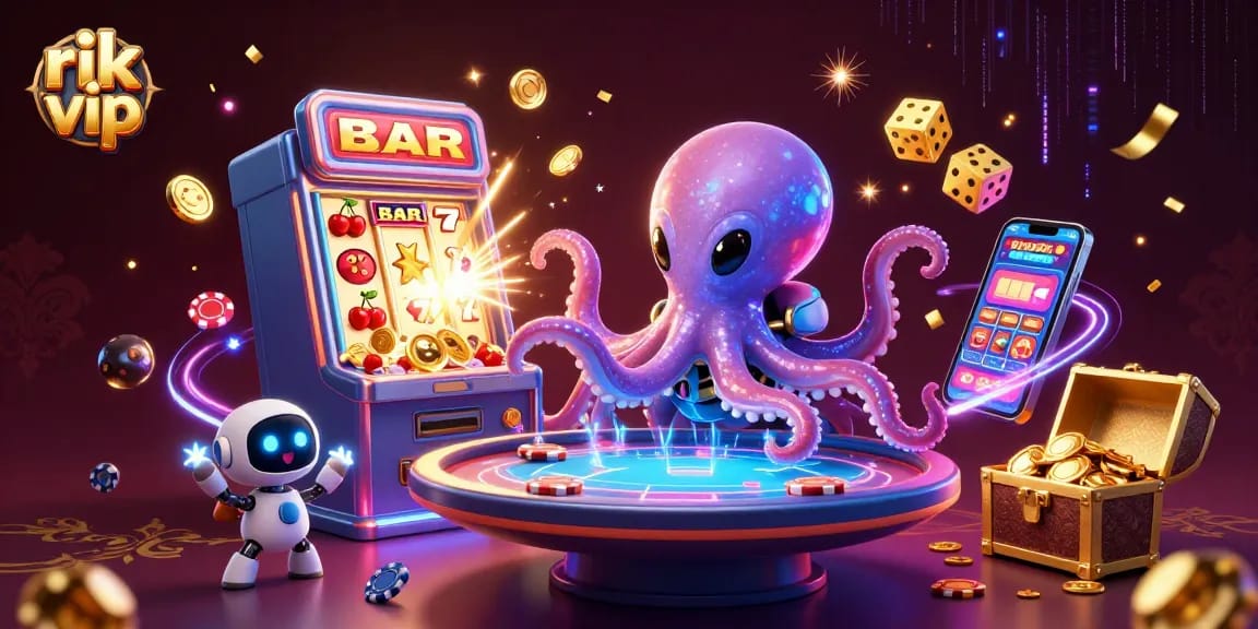 Engage with rik vip's thrilling casino world featuring a 3D alien octopus at a poker table.
