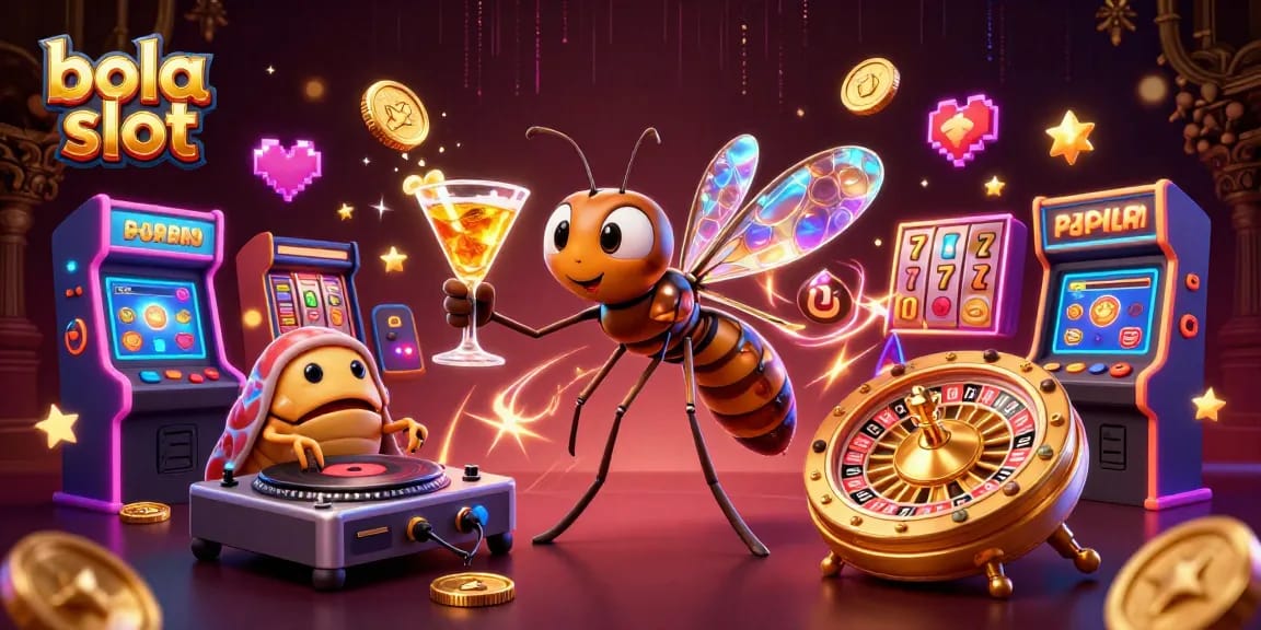 Experience thrilling bola slot action with engaging characters and dynamic gaming elements in this vibrant illustration.