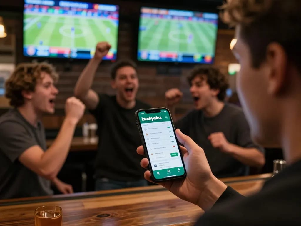 Engaged bettor using the luckywinz app to place a bet while friends celebrate in a lively sports bar