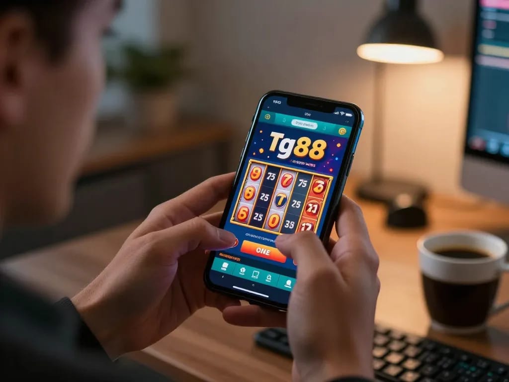 Engaging in online gaming with tg88 casino app showing vibrant slot reels and wins