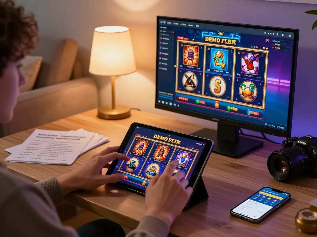 KEONG178 player enjoying demo slots on tablet, cozy home setup with betting notes and smartphone.