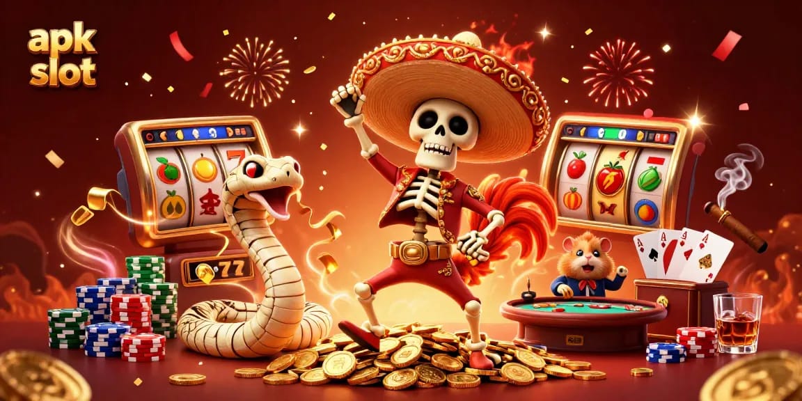 Experience excitement with apk slot, featuring vibrant casino characters and game elements in a festive atmosphere.