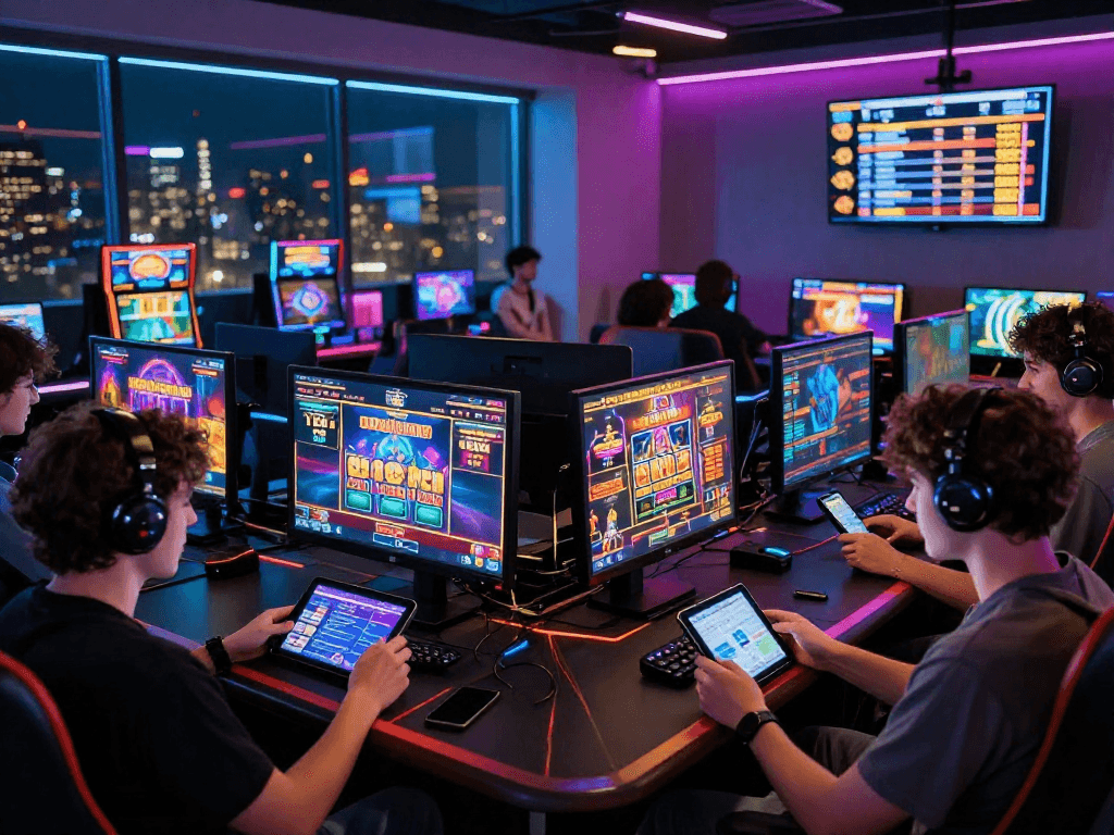 Players enjoying situs slot terbaru in a vibrant gaming room, showcasing excitement and community engagement.