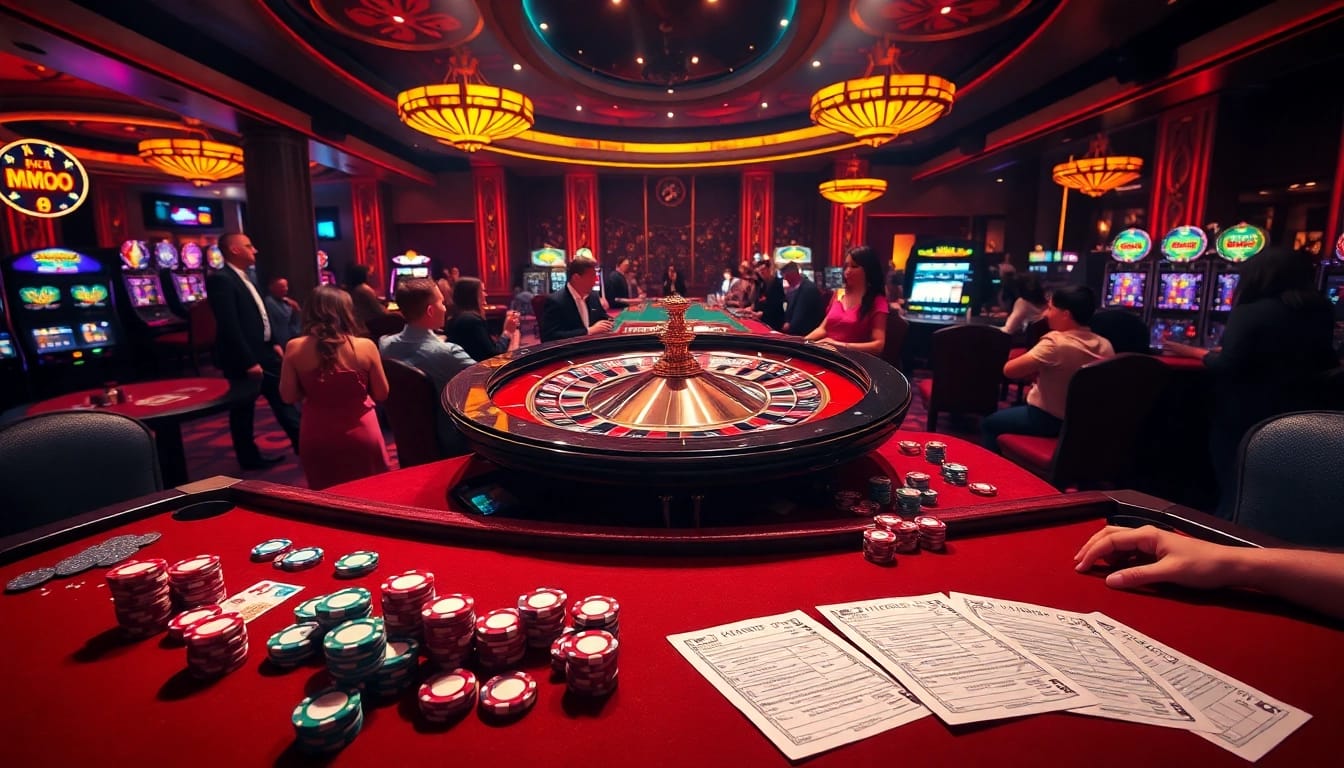 Exciting casino action at trang chủ MMOO with vibrant tables, roulette wheel, and engaging players.