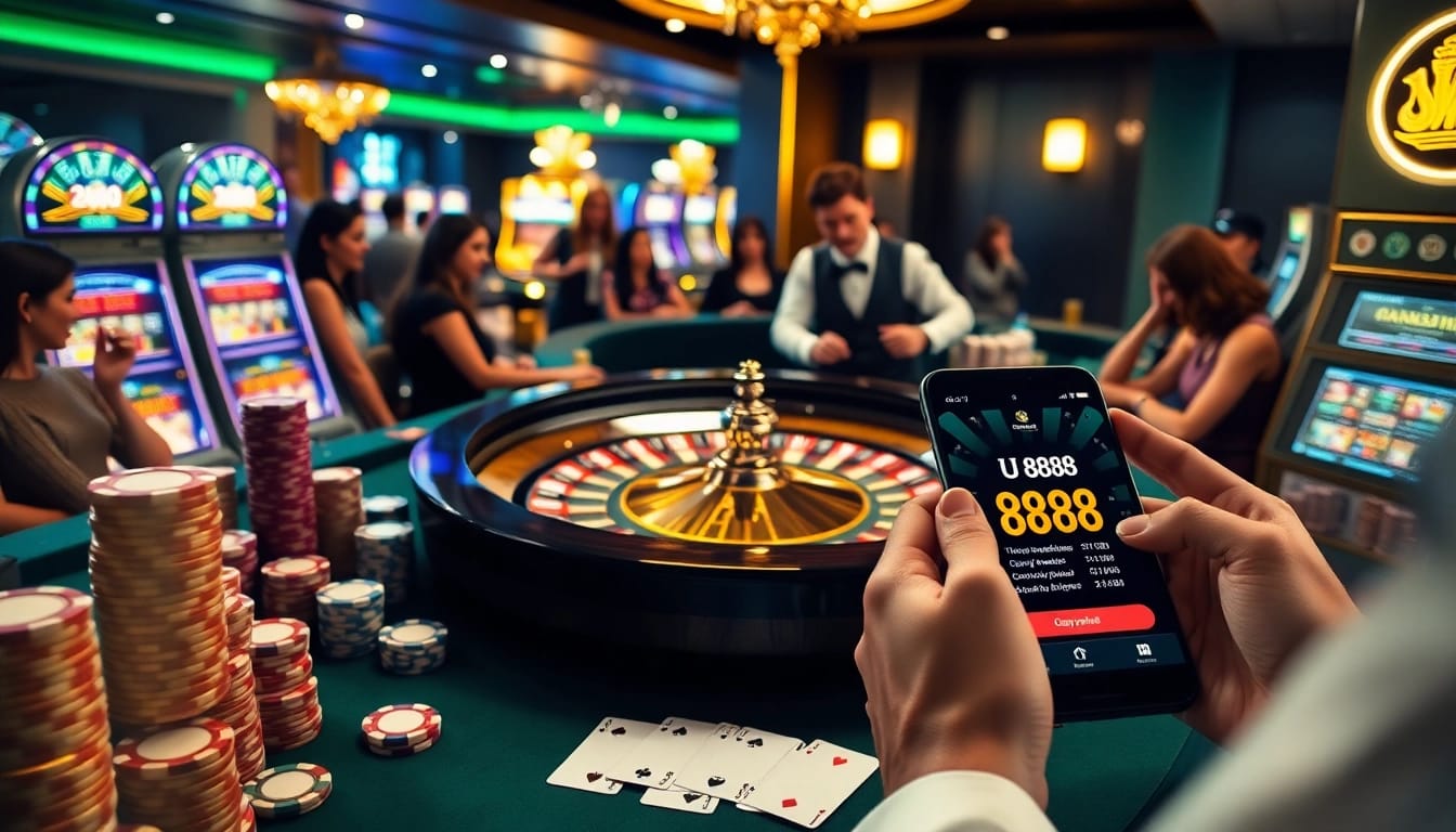 Experience high-stakes gaming excitement with U 888 at a luxurious casino table featuring roulette and poker chips.