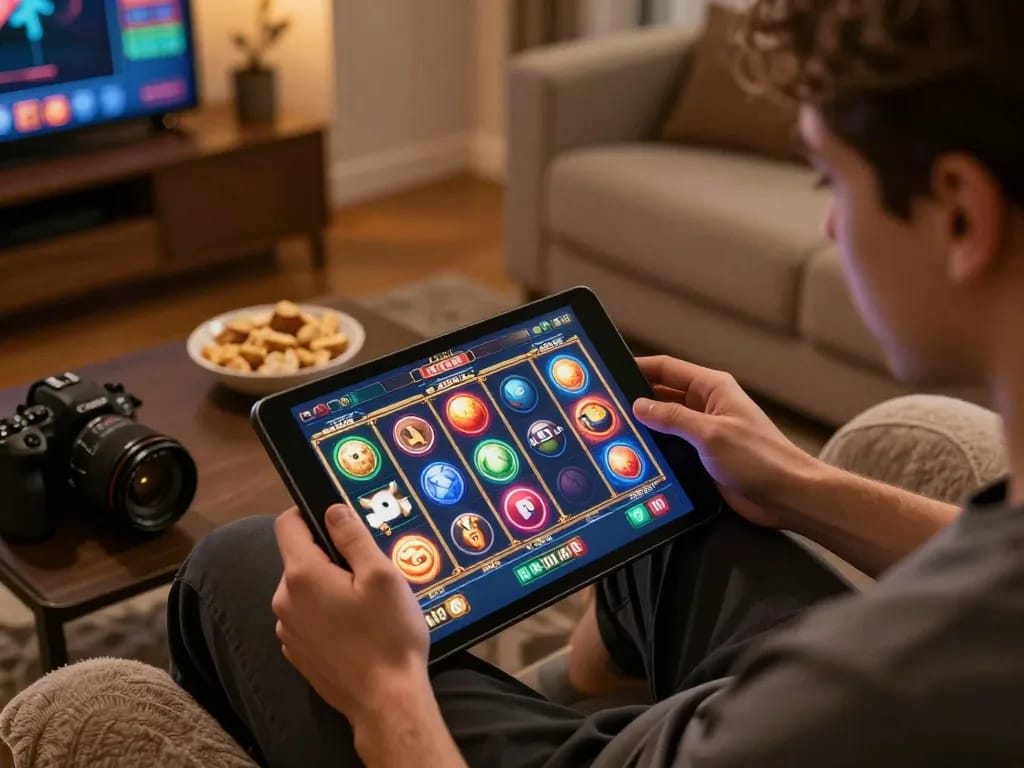 LGO SUPER slot gameplay on tablet in a cozy setting, showcasing engaging online gambling experience.