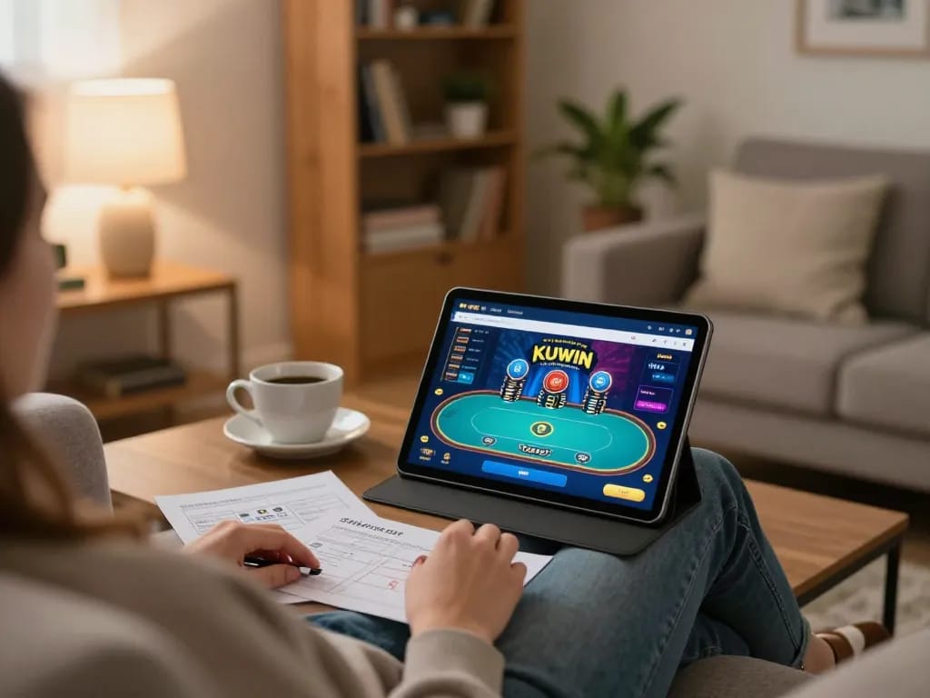 Kuwin mobile gaming at home with a person focused on poker gameplay, conveying responsible gambling atmosphere.