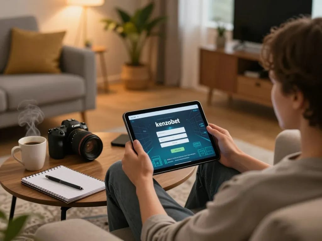 Engaging in kenzobet login from a cozy home gaming setup with tablet and strategy notes.