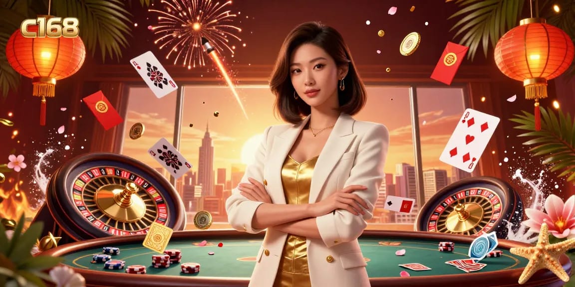 C168 casino scene featuring an elegant Asian woman holding cards, dynamic games elements illuminating the experience.