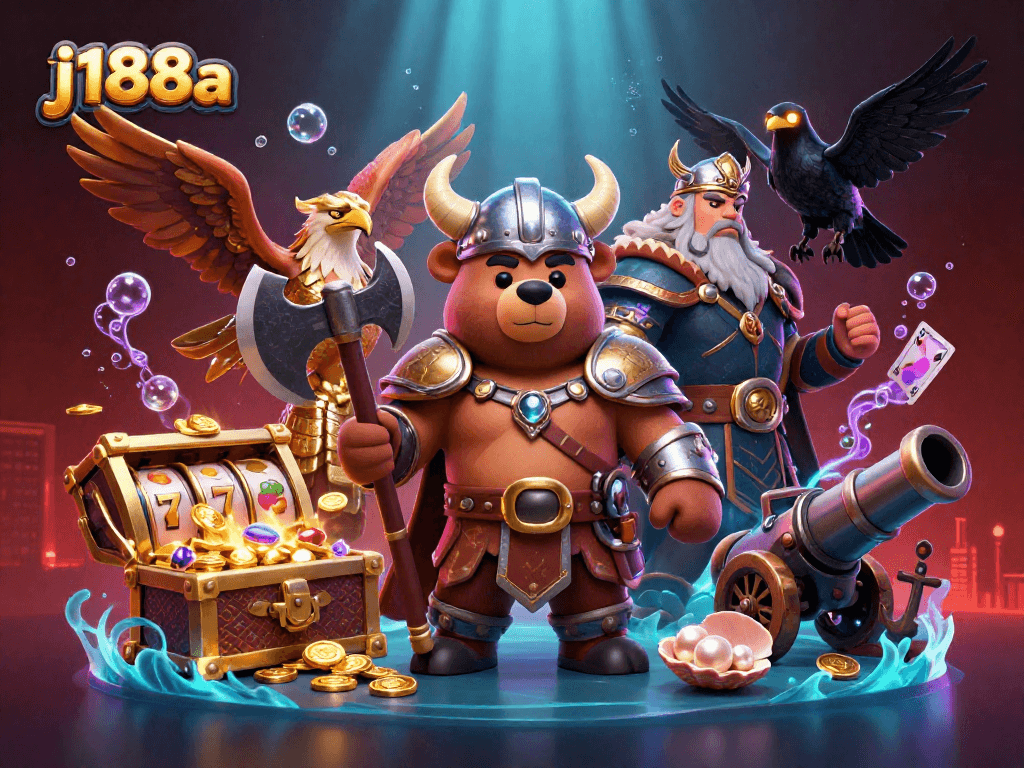 Experience thrilling gameplay with j188a's 3D Viking and eagle characters among dynamic casino elements.
