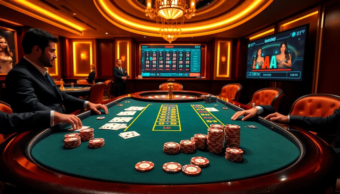 Engaging casino scene featuring nhà cái uy tín poker table with vibrant chips and cards.