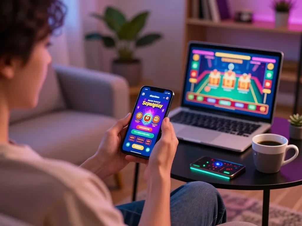Enjoying mobile gaming on daftar Sepuhplay app in a relaxing home setting with friendly atmosphere and engaging visuals.