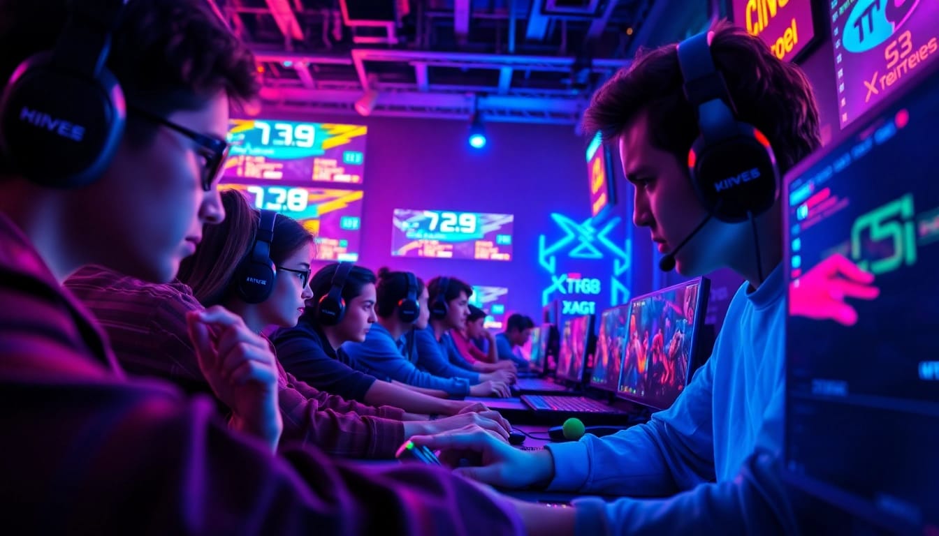 Dynamic gaming scene featuring players engaged in XX88 competition with neon colors and dramatic lighting.
