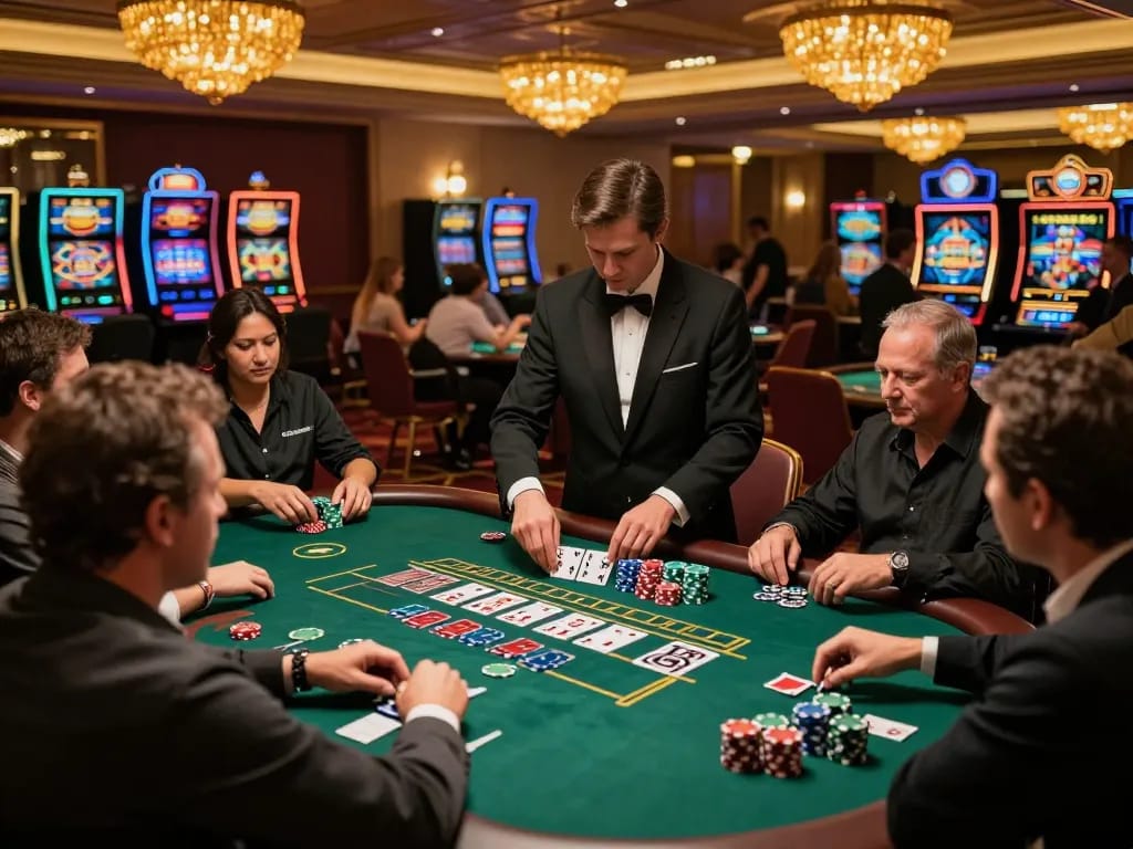 Engaged players at a blackjack table on 98win enhance their gaming strategy amid a vibrant casino atmosphere.