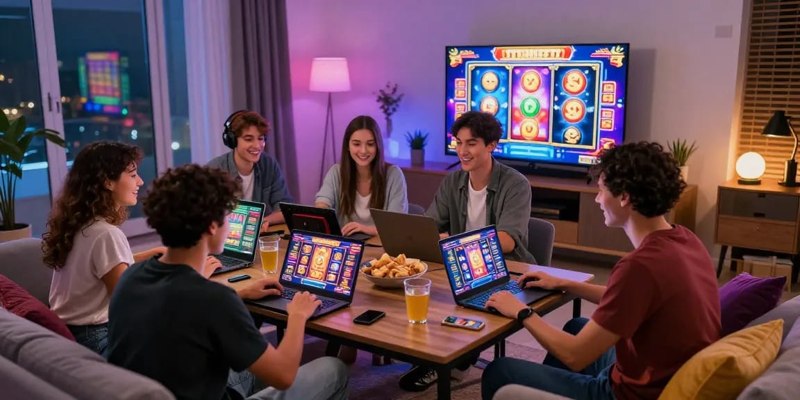 Group enjoying online slot games together in a cozy living room.