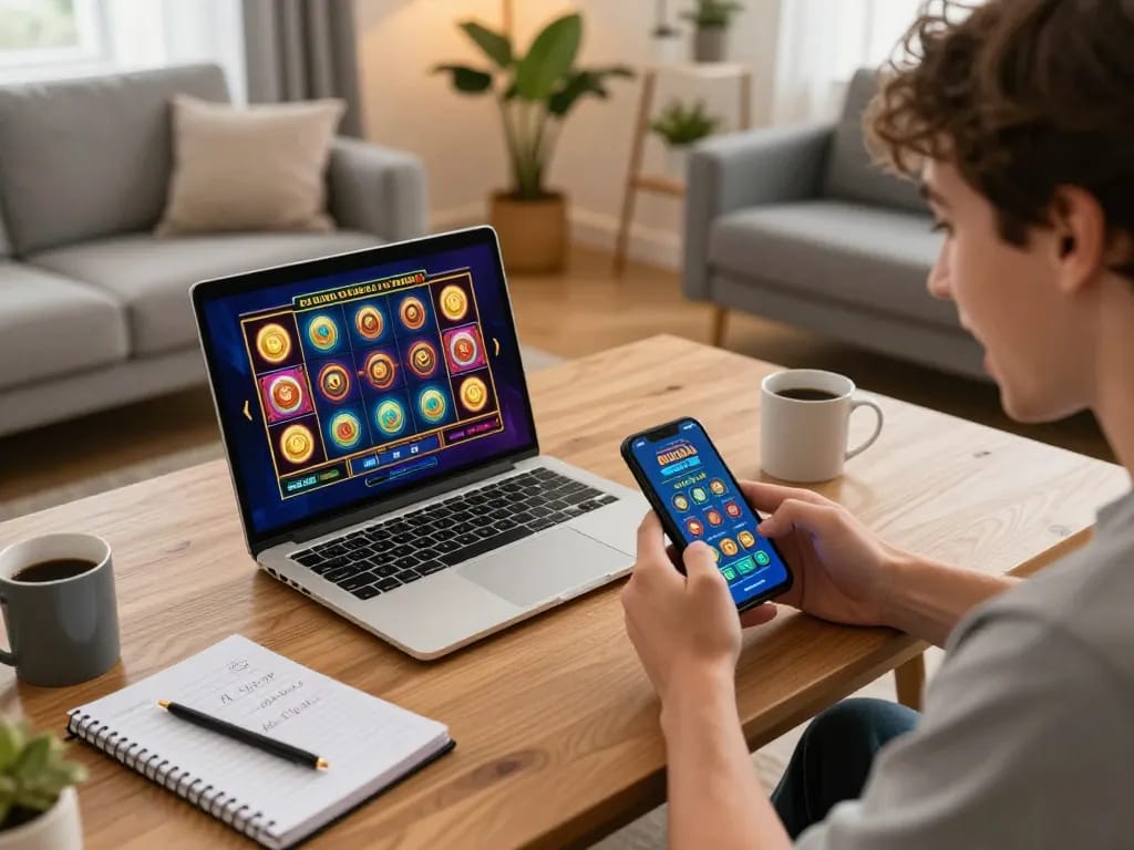 Pemain yang terlibat dalam permainan slot online menggunakan laptop dan smartphone di ruang tamu yang nyaman.