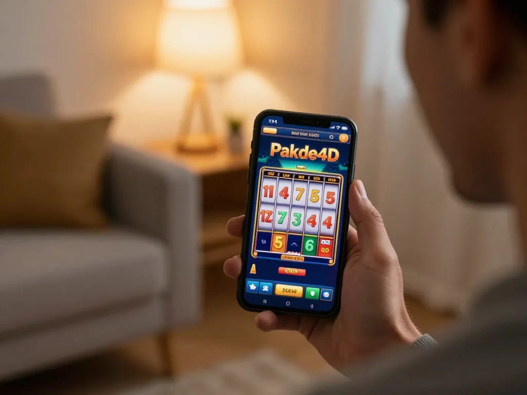Player enjoying Pakde4D online slots on a smartphone in cozy home atmosphere