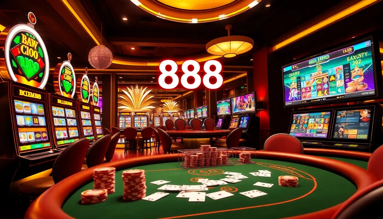 Berlian 888 slots showcasing vibrant reels and polished poker tables in a luxurious casino setting.