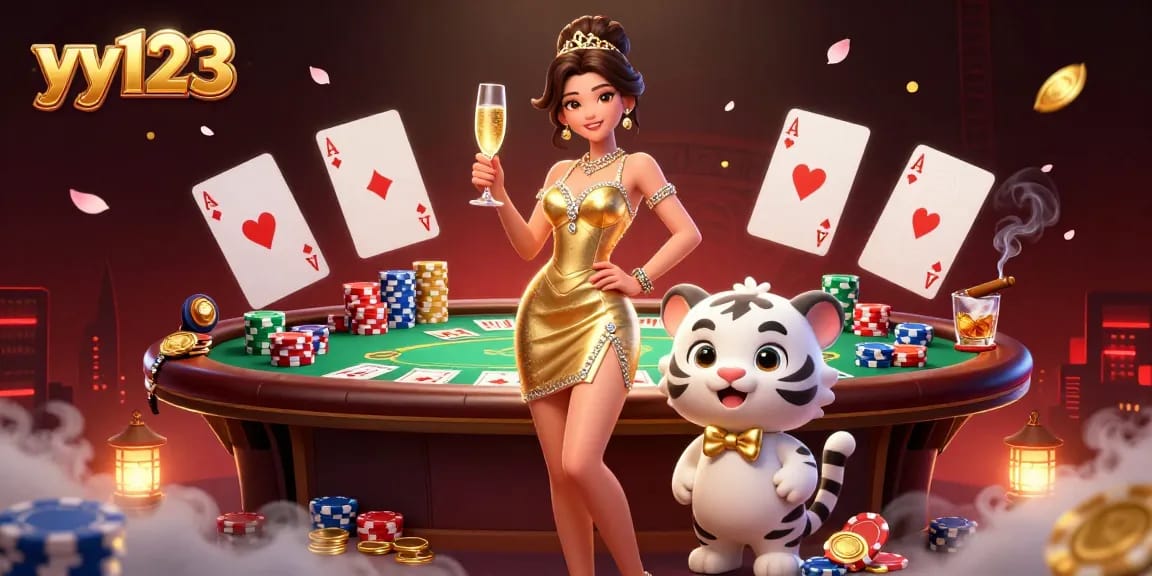 Experience winning at yy123 with a glamorous woman and a lucky tiger in a vibrant casino scene.