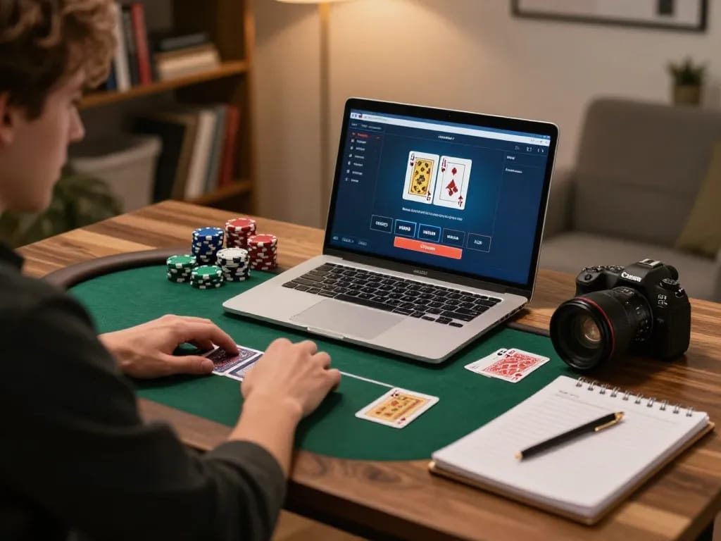 Player engaging in a peri11 online poker game at home, immersed in strategy and decision-making.