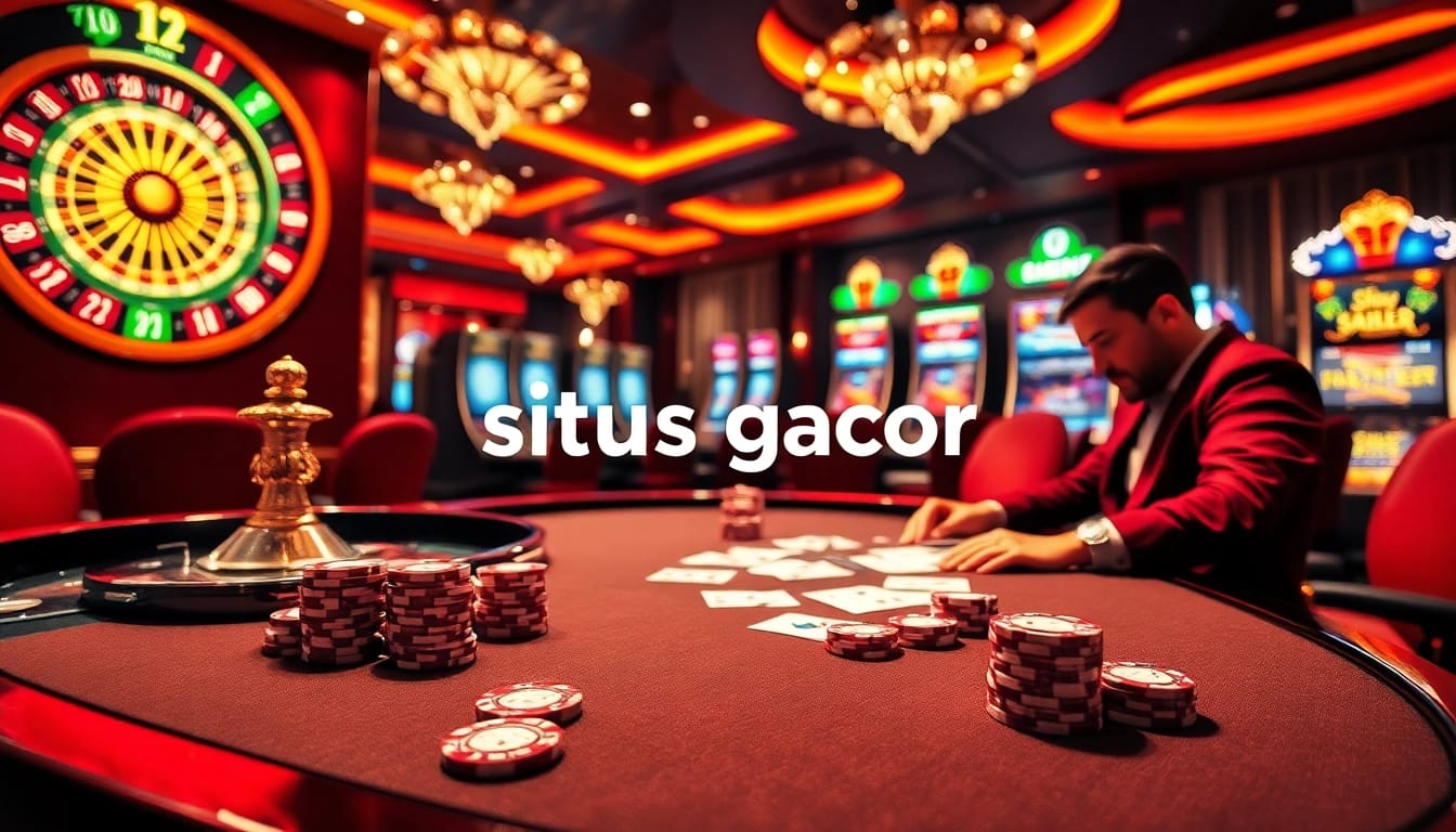 Adegan kasino Situs Gacor yang menampilkan chip poker, roda roulette, dan mesin slot yang berwarna-warni.