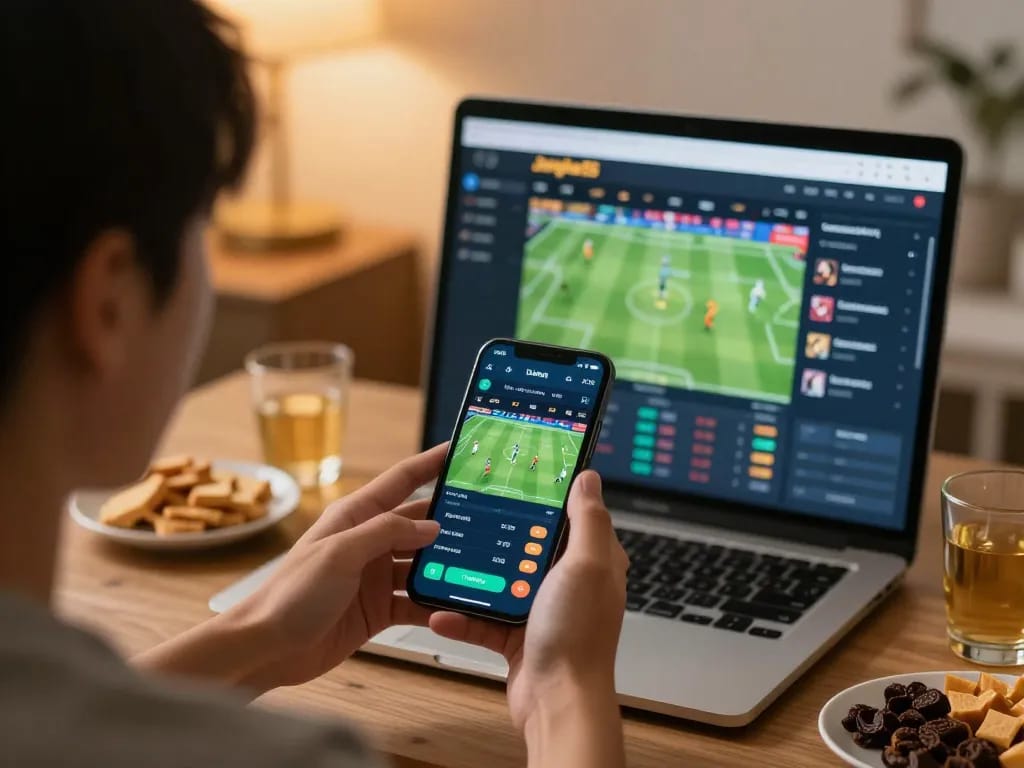 Engaging display of sports betting on jangkar55 app with live odds in a cozy home setup