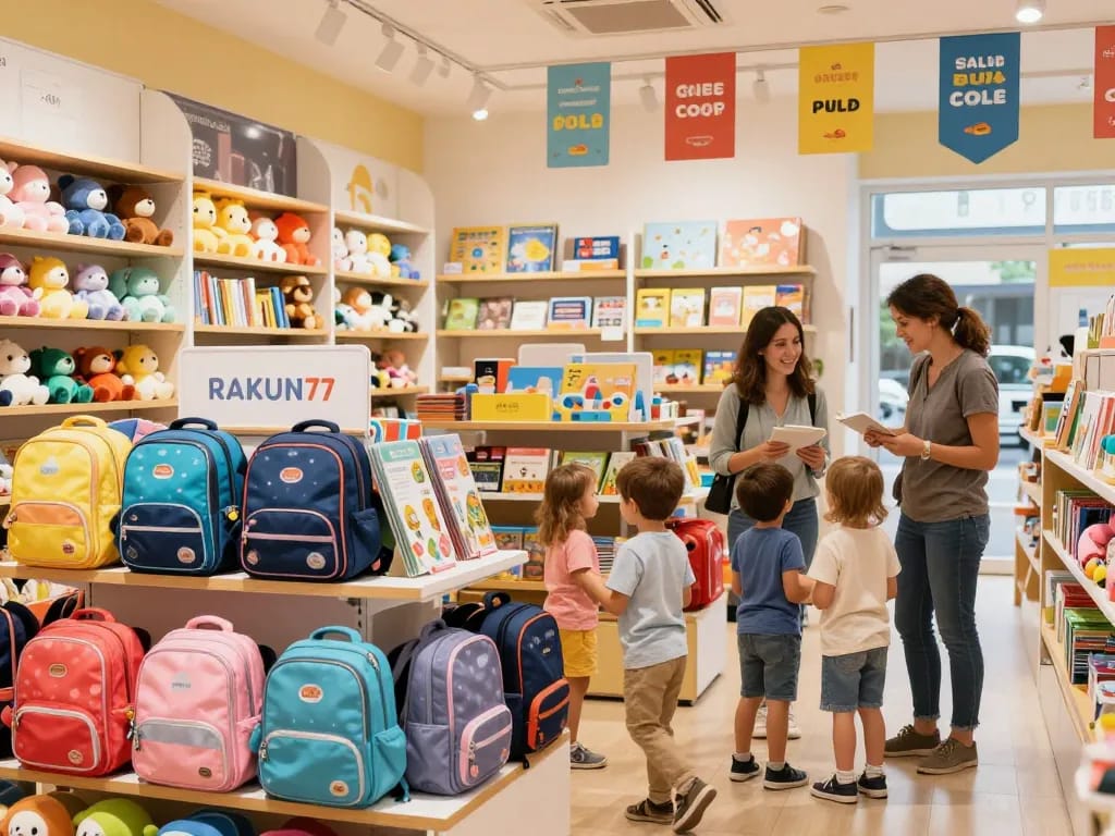 RAKUN77 backpacks on display in a cheerful children's toy store.