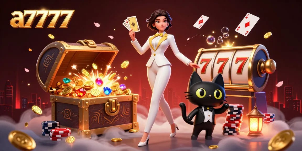 Engage in thrilling gameplay with a7777's glamorous casino scene featuring a card-shuffling heroine and charming cat.