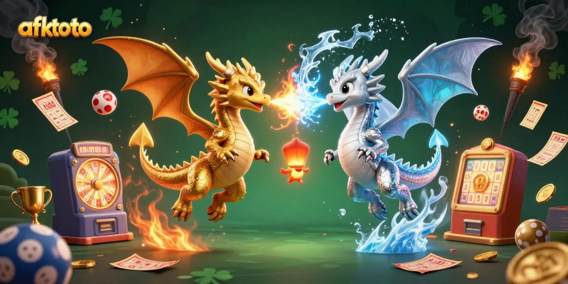 Engage in thrilling lottery action with afktoto's vibrant 3D illustration showcasing dragons and dynamic game elements.