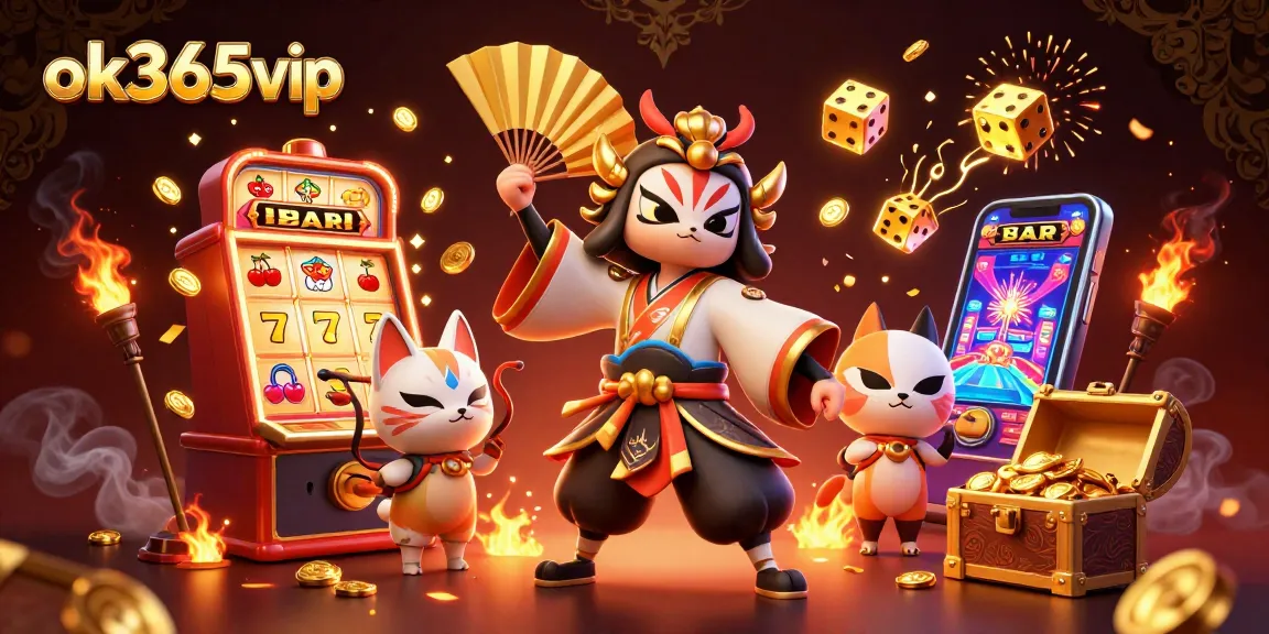 Engage with adventures at ok365vip, featuring a kabuki warrior and kitsune in a vibrant casino scene.